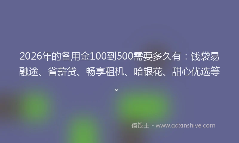 2026年的备用金100到500需要多久有：钱袋易融途、省薪贷、畅享租机、哈银花、甜心优选等。