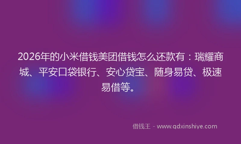 2026年的小米借钱美团借钱怎么还款有：瑞耀商城、平安口袋银行、安心贷宝、随身易贷、极速易借等。