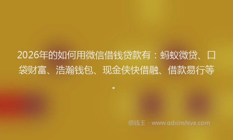 2026年的如何用微信借钱贷款有：蚂蚁微贷、口袋财富、浩瀚钱包、现金侠快借融、借款易行等。