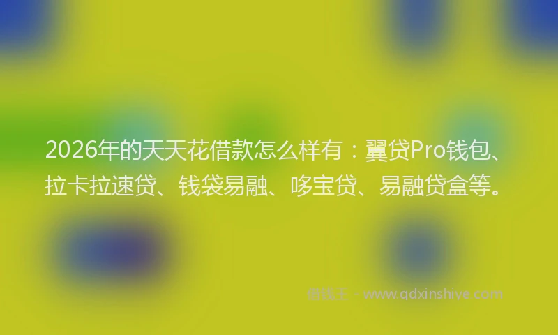 2026年的天天花借款怎么样有：翼贷Pro钱包、拉卡拉速贷、钱袋易融、哆宝贷、易融贷盒等。