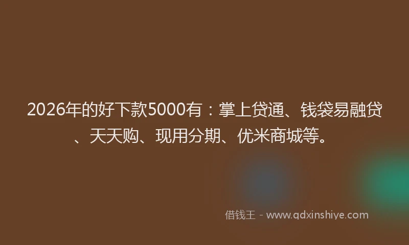 2026年的好下款5000有：掌上贷通、钱袋易融贷、天天购、现用分期、优米商城等。