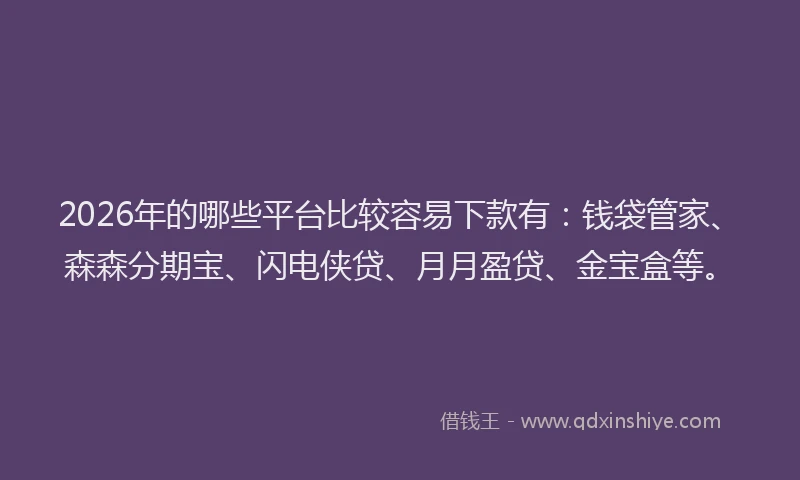2026年的哪些平台比较容易下款有：钱袋管家、森森分期宝、闪电侠贷、月月盈贷、金宝盒等。