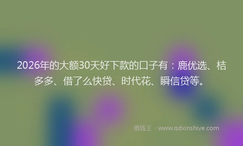 2026年的大额30天好下款的口子有：鹿优选、桔多多、借了么快贷、时代花、瞬信贷等。