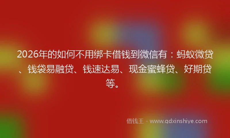 2026年的如何不用绑卡借钱到微信有：蚂蚁微贷、钱袋易融贷、钱速达易、现金蜜蜂贷、好期贷等。