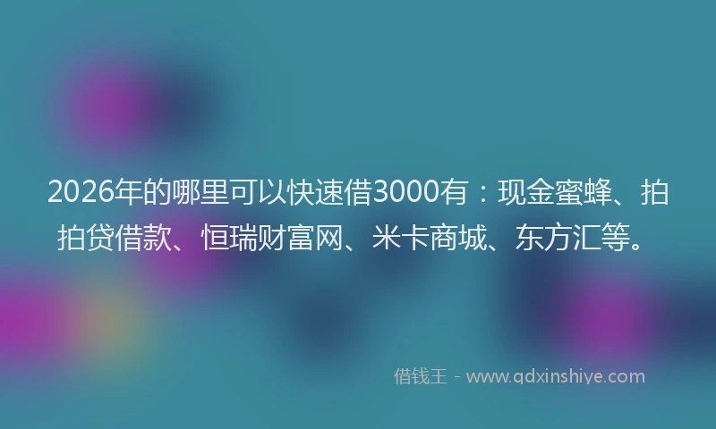 2026年的哪里可以快速借3000有：现金蜜蜂、拍拍贷借款、恒瑞财富网、米卡商城、东方汇等。