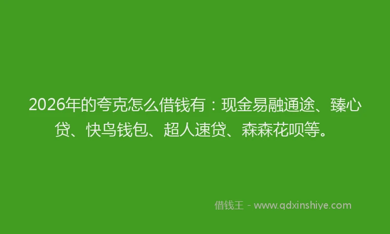 2026年的夸克怎么借钱有：现金易融通途、臻心贷、快鸟钱包、超人速贷、森森花呗等。
