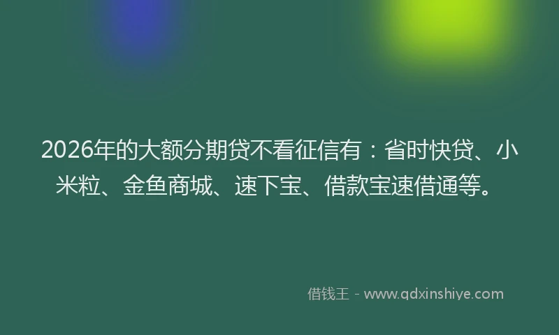 2026年的大额分期贷不看征信有：省时快贷、小米粒、金鱼商城、速下宝、借款宝速借通等。