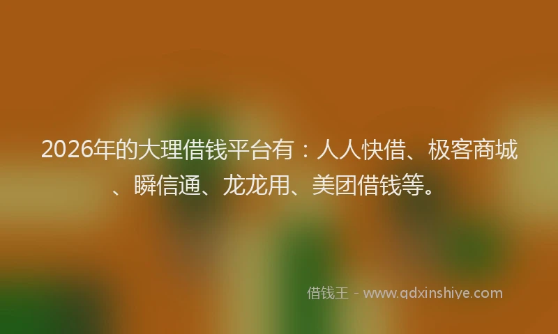 2026年的大理借钱平台有：人人快借、极客商城、瞬信通、龙龙用、美团借钱等。