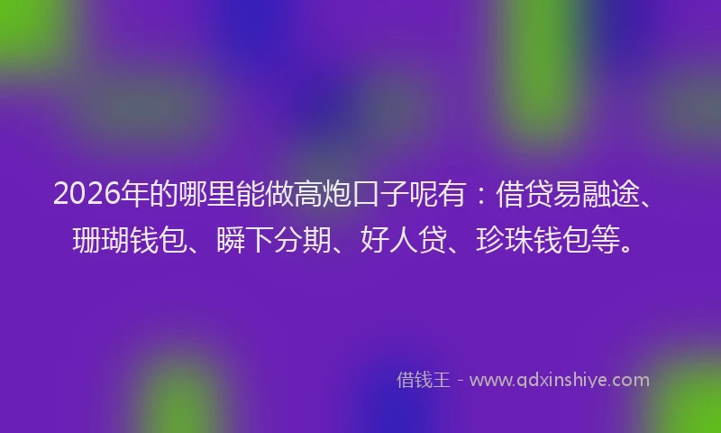 2026年的哪里能做高炮口子呢有：借贷易融途、珊瑚钱包、瞬下分期、好人贷、珍珠钱包等。