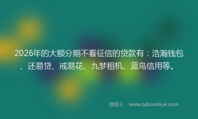2026年的大额分期不看征信的贷款有：浩瀚钱包、还易贷、戒易花、九梦租机、蓝鸟信用等。