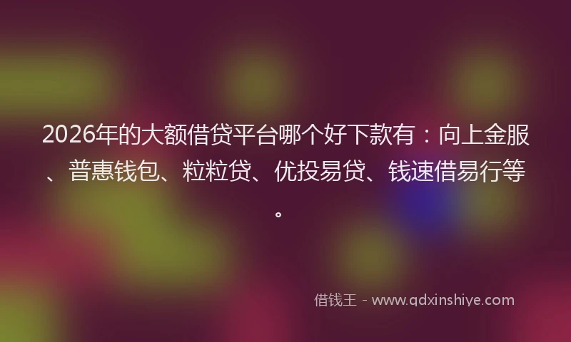 2026年的大额借贷平台哪个好下款有：向上金服、普惠钱包、粒粒贷、优投易贷、钱速借易行等。