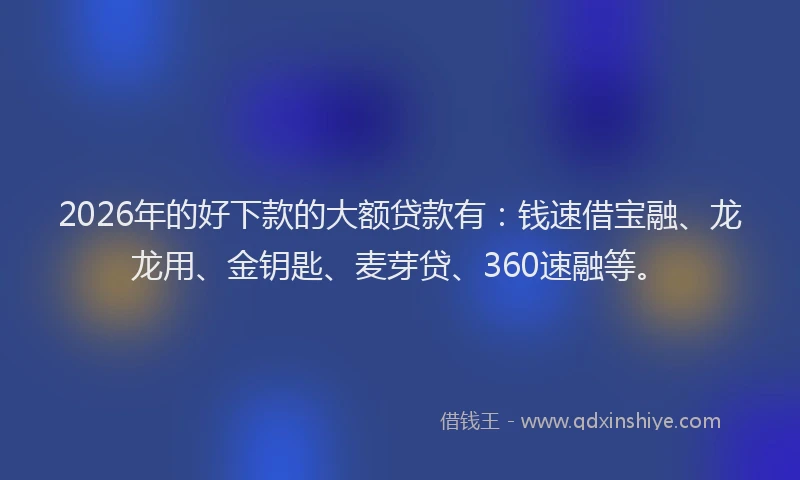 2026年的好下款的大额贷款有：钱速借宝融、龙龙用、金钥匙、麦芽贷、360速融等。