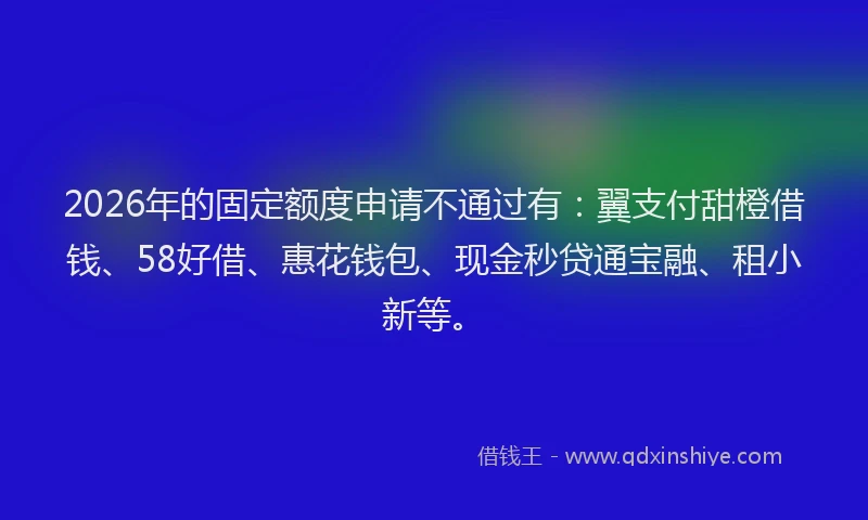 2026年的固定额度申请不通过有：翼支付甜橙借钱、58好借、惠花钱包、现金秒贷通宝融、租小新等。