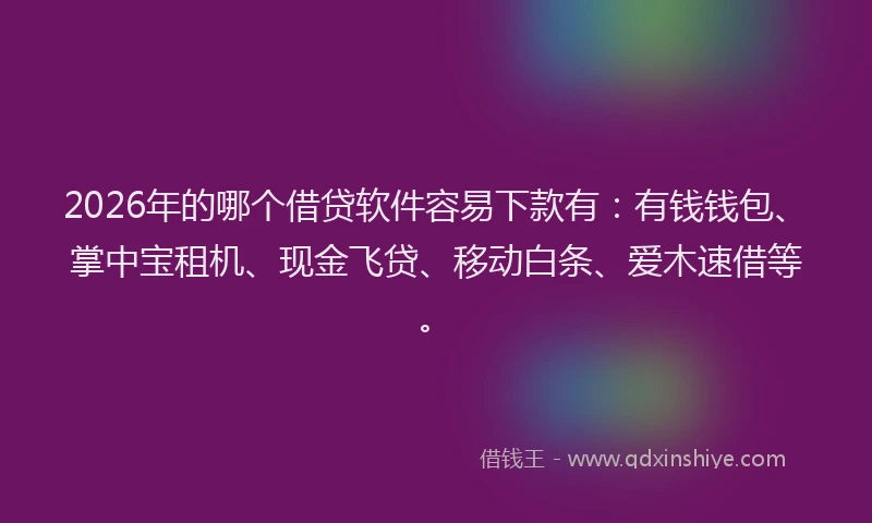 2026年的哪个借贷软件容易下款有：有钱钱包、掌中宝租机、现金飞贷、移动白条、爱木速借等。