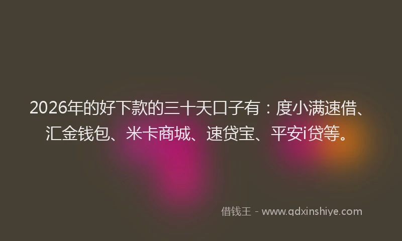 2026年的好下款的三十天口子有：度小满速借、汇金钱包、米卡商城、速贷宝、平安i贷等。