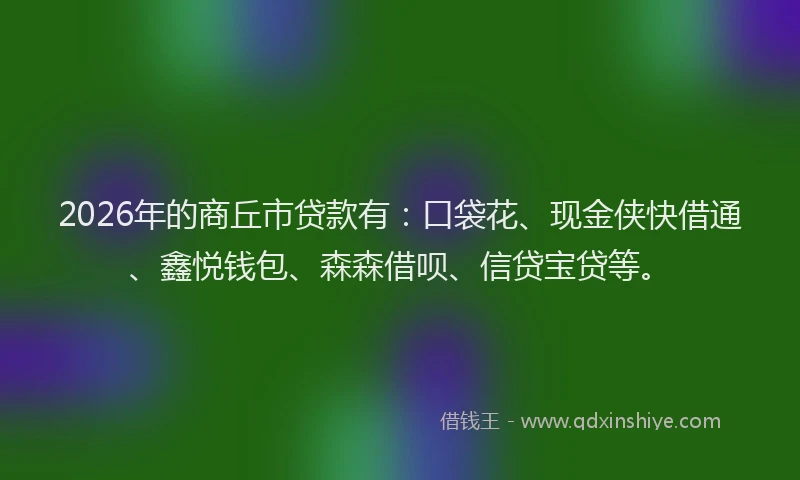 2026年的商丘市贷款有：口袋花、现金侠快借通、鑫悦钱包、森森借呗、信贷宝贷等。