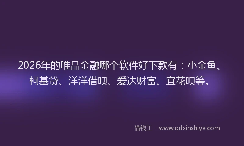 2026年的唯品金融哪个软件好下款有：小金鱼、柯基贷、洋洋借呗、爱达财富、宜花呗等。