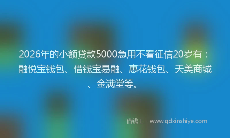 2026年的小额贷款5000急用不看征信20岁有:融悦宝钱包、借钱宝易融、惠花钱包、天美商城、金满堂等。