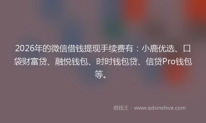 2026年的微信借钱提现手续费有：小鹿优选、口袋财富贷、融悦钱包、时时钱包贷、信贷Pro钱包等。
