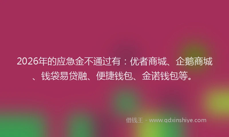 2026年的应急金不通过有:优者商城、企鹅商城、钱袋易贷融、便捷钱包、金诺钱包等。