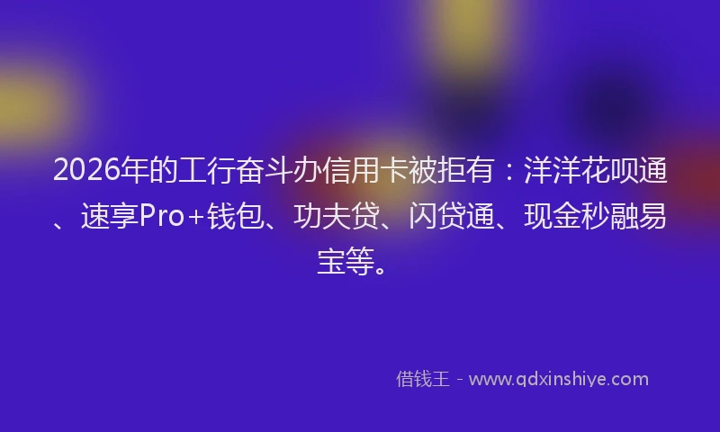 2026年的工行奋斗办信用卡被拒有：洋洋花呗通、速享Pro+钱包、功夫贷、闪贷通、现金秒融易宝等。