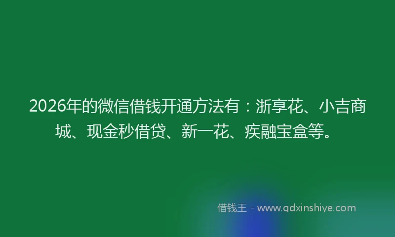 2026年的微信借钱开通方法有：浙享花、小吉商城、现金秒借贷、新一花、疾融宝盒等。