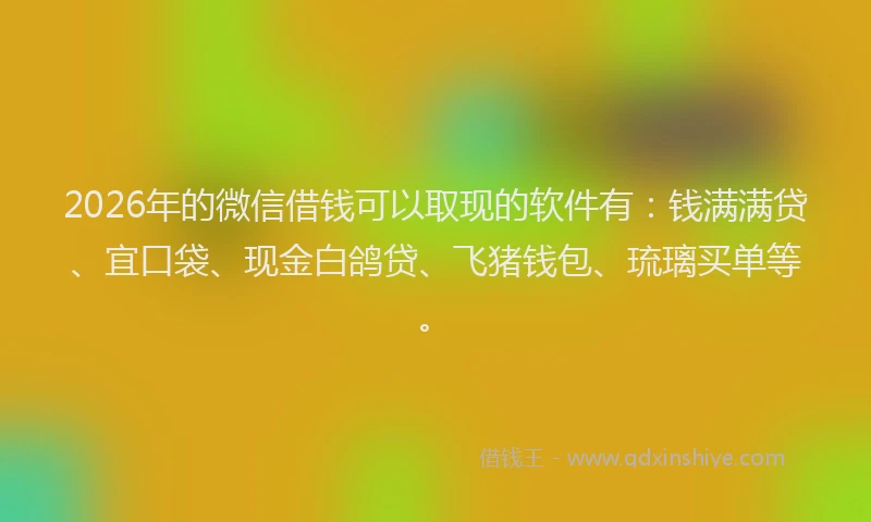 2026年的微信借钱可以取现的软件有：钱满满贷、宜口袋、现金白鸽贷、飞猪钱包、琉璃买单等。