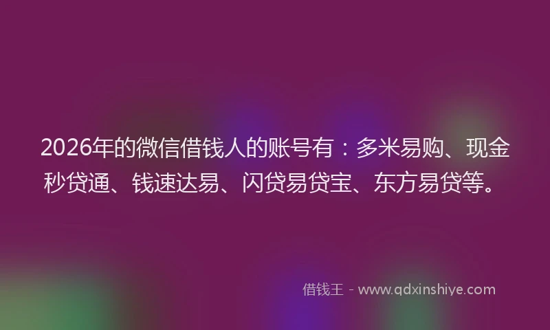 2026年的微信借钱人的账号有：多米易购、现金秒贷通、钱速达易、闪贷易贷宝、东方易贷等。