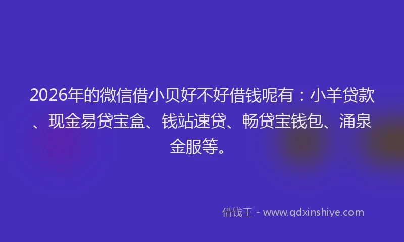 2026年的微信借小贝好不好借钱呢有:小羊贷款、现金易贷宝盒、钱站速贷、畅贷宝钱包、涌泉金服等。