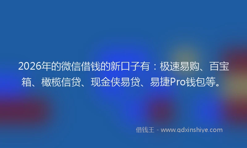 2026年的微信借钱的新口子有:极速易购、百宝箱、橄榄信贷、现金侠易贷、易捷Pro钱包等。