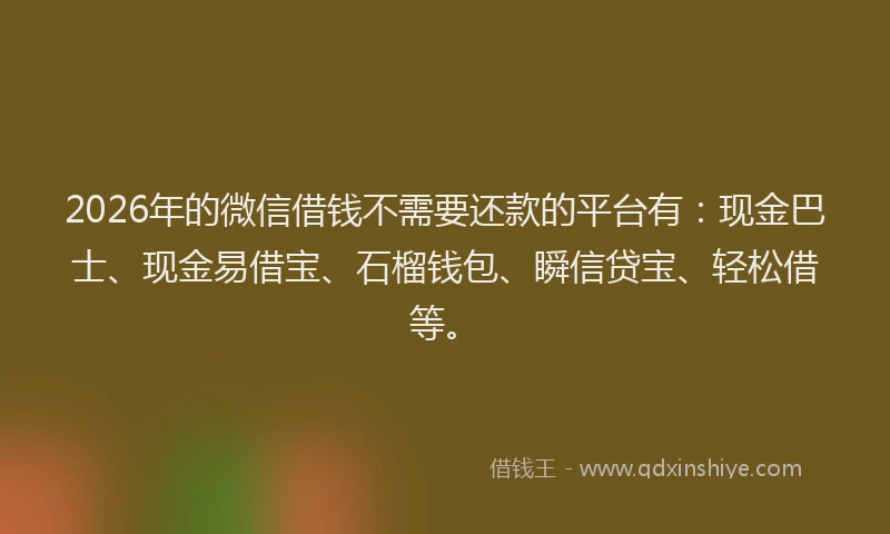 2026年的微信借钱不需要还款的平台有:现金巴士、现金易借宝、石榴钱包、瞬信贷宝、轻松借等。
