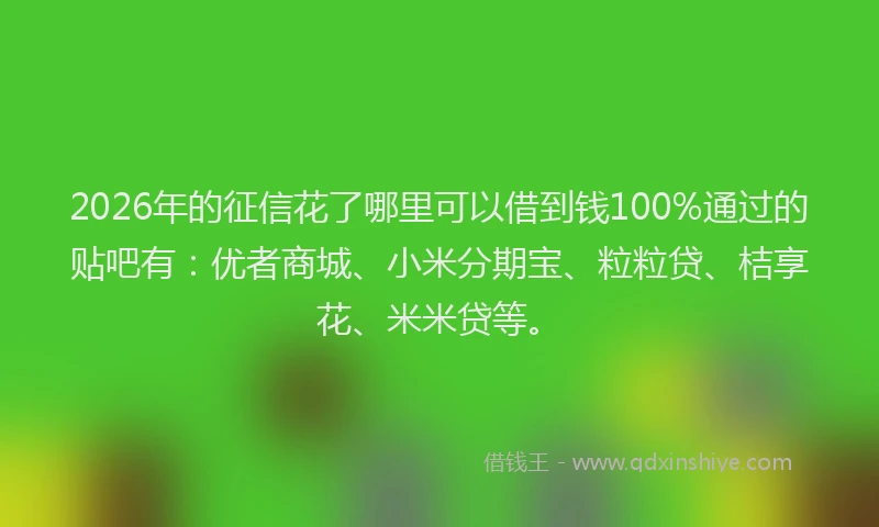 2026年的征信花了哪里可以借到钱100%通过的贴吧有：优者商城、小米分期宝、粒粒贷、桔享花、米米贷等。