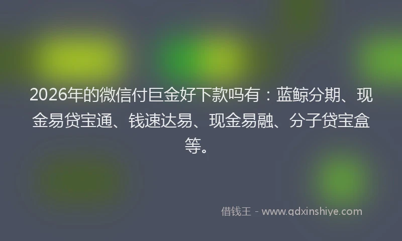 2026年的微信付巨金好下款吗有：蓝鲸分期、现金易贷宝通、钱速达易、现金易融、分子贷宝盒等。