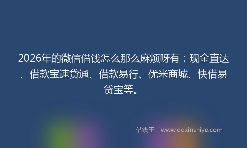 2026年的微信借钱怎么那么麻烦呀有:现金直达、借款宝速贷通、借款易行、优米商城、快借易贷宝等。