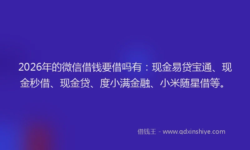 2026年的微信借钱要借吗有：现金易贷宝通、现金秒借、现金贷、度小满金融、小米随星借等。