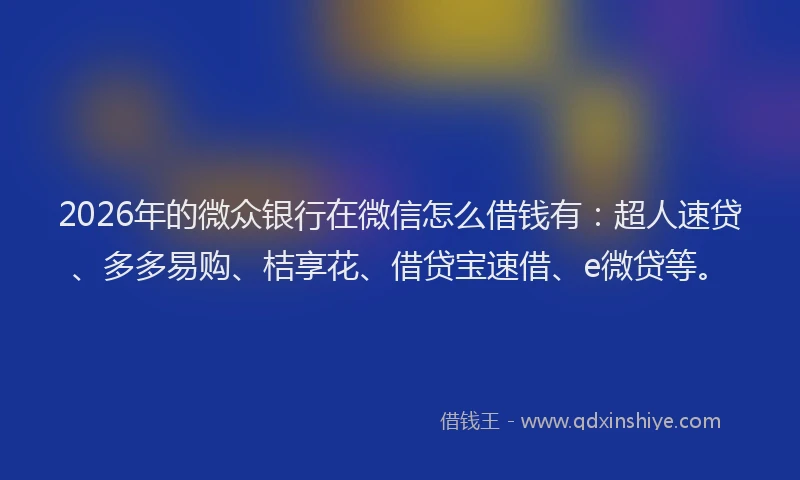 2026年的微众银行在微信怎么借钱有:超人速贷、多多易购、桔享花、借贷宝速借、e微贷等。