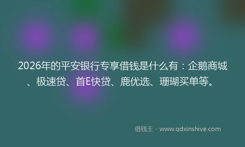 2026年的平安银行专享借钱是什么有：企鹅商城、极速贷、首E快贷、鹿优选、珊瑚买单等。