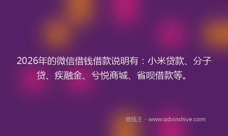2026年的微信借钱借款说明有：小米贷款、分子贷、疾融金、兮悦商城、省呗借款等。