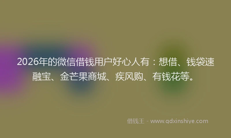 2026年的微信借钱用户好心人有:想借、钱袋速融宝、金芒果商城、疾风购、有钱花等。