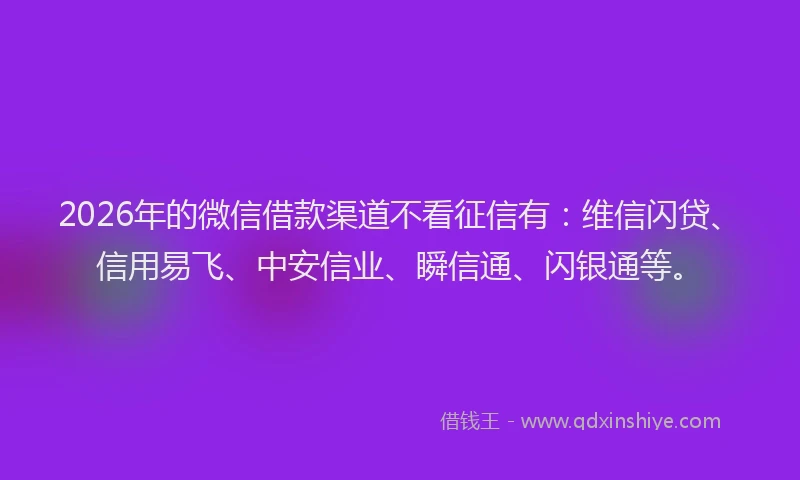 2026年的微信借款渠道不看征信有:维信闪贷、信用易飞、中安信业、瞬信通、闪银通等。