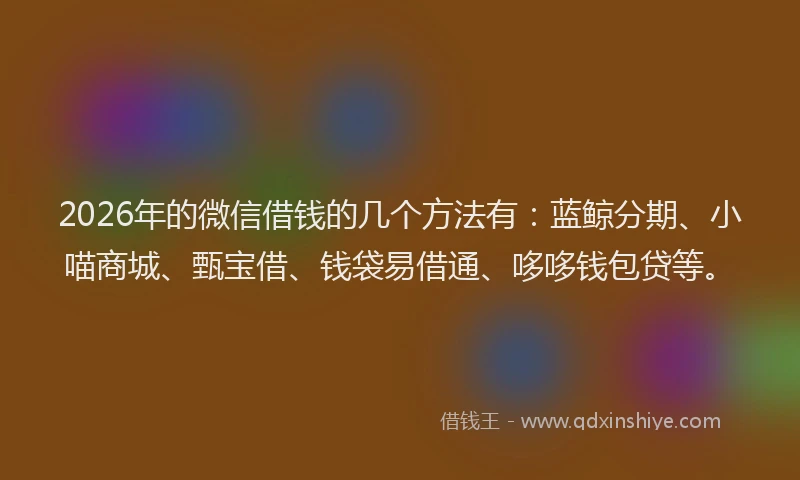 2026年的微信借钱的几个方法有：蓝鲸分期、小喵商城、甄宝借、钱袋易借通、哆哆钱包贷等。
