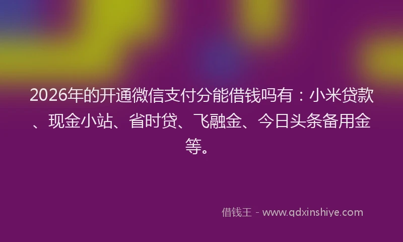 2026年的开通微信支付分能借钱吗有：小米贷款、现金小站、省时贷、飞融金、今日头条备用金等。