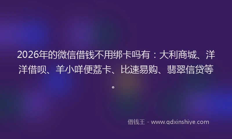 2026年的微信借钱不用绑卡吗有：大利商城、洋洋借呗、羊小咩便荔卡、比速易购、翡翠信贷等。