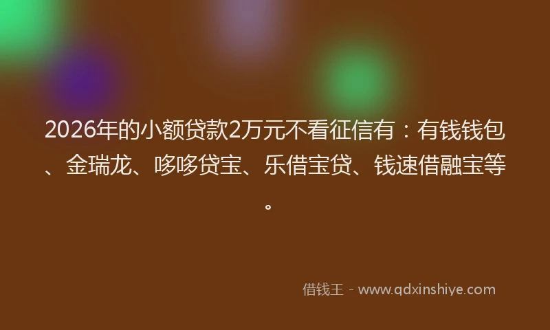 2026年的小额贷款2万元不看征信有：有钱钱包、金瑞龙、哆哆贷宝、乐借宝贷、钱速借融宝等。