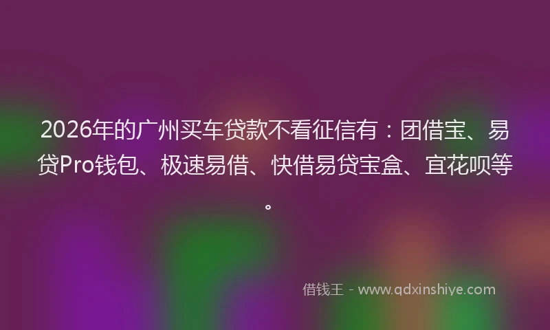 2026年的广州买车贷款不看征信有：团借宝、易贷Pro钱包、极速易借、快借易贷宝盒、宜花呗等。