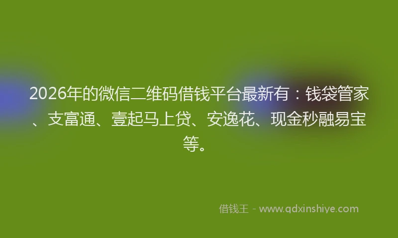2026年的微信二维码借钱平台最新有：钱袋管家、支富通、壹起马上贷、安逸花、现金秒融易宝等。