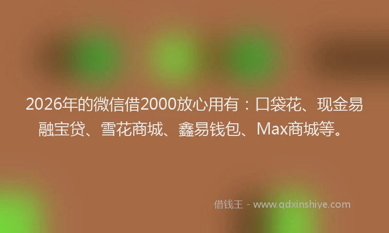 2026年的微信借2000放心用有：口袋花、现金易融宝贷、雪花商城、鑫易钱包、Max商城等。