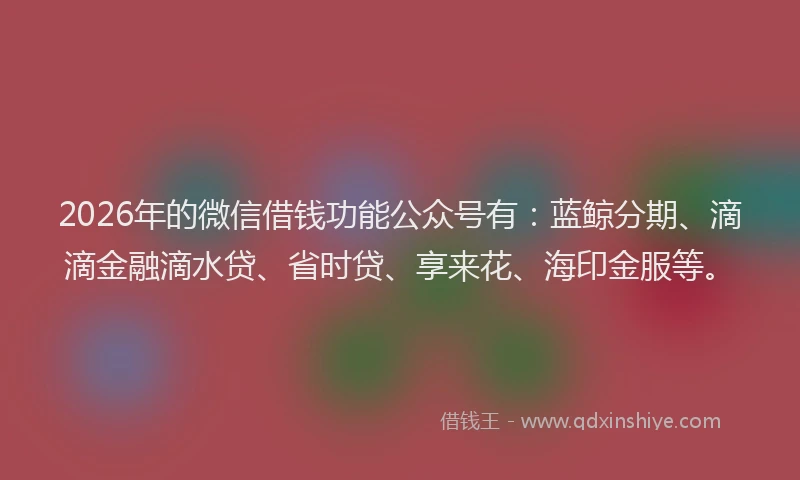 2026年的微信借钱功能公众号有：蓝鲸分期、滴滴金融滴水贷、省时贷、享来花、海印金服等。