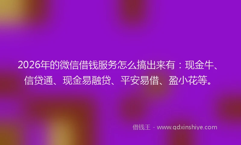 2026年的微信借钱服务怎么搞出来有：现金牛、信贷通、现金易融贷、平安易借、盈小花等。