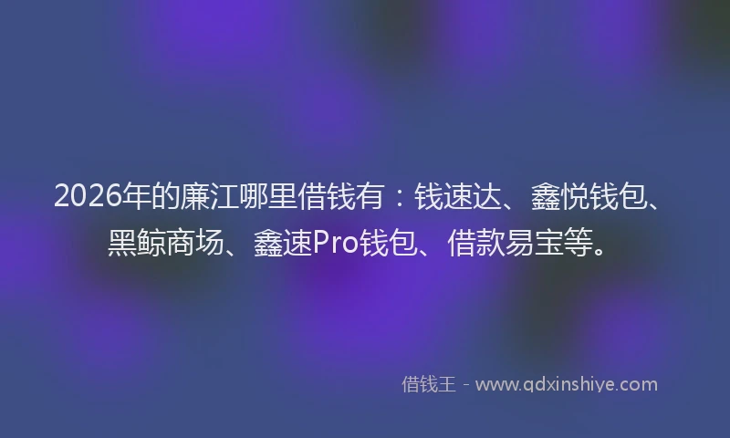 2026年的廉江哪里借钱有：钱速达、鑫悦钱包、黑鲸商场、鑫速Pro钱包、借款易宝等。